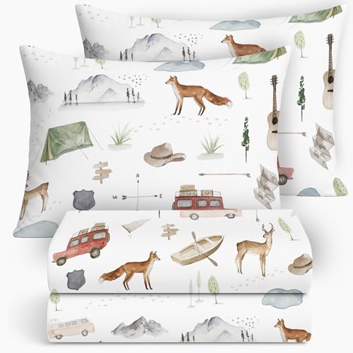 Image of Pobibaby Premium Twin Full Sheets Sets, Kids Double Bed Sheets in Cotton Blend | Ultra-Soft Woodland Camping Print with Fitted Sheet, Flat Sheet & Pillowcases (Full Explore)