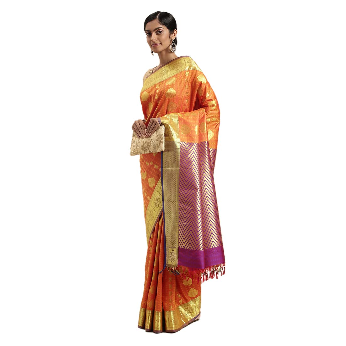 KANAKADARAKanjeevaram Zari Self Design - Festive, Party and Wedding Collection (Color : Orange Pink -16A)