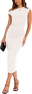 Women's 2025 Summer Bodycon Midi Dress One Shoulder Wear to Work Ruched Slit Formal Cocktail Wedding Guest Dress - Buy now
