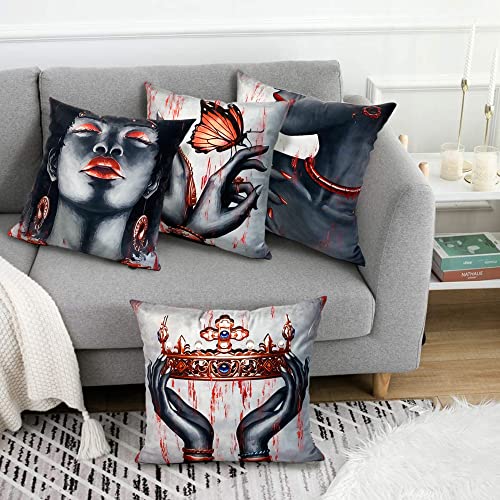 Vlflg Red Black Grey Throw Pillow Covers African American Black Woman Decorative Square Velvet 18 X 18 Pillow Cases Cover With Zipper Outdoor Living Room Pillow Covers Set Of 4 #TOP3