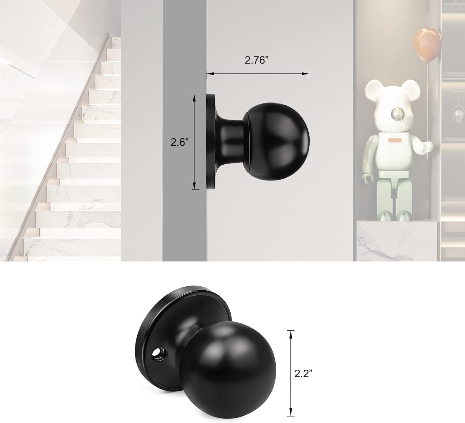 Probrico Non-Turning Half Dummy Door Knobs,Black Round Non-Turning Door Knobs for Closet French Door,4 Pack
