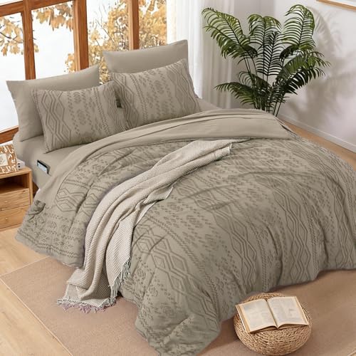 Image of King Size Comforter Set- 7 Pieces Tufted Bed in a Bag King Bedding Sets | All Season Shabby Chic Boho Bedding with Comforter, Sheets, Pillowcases & Shams, Khaki