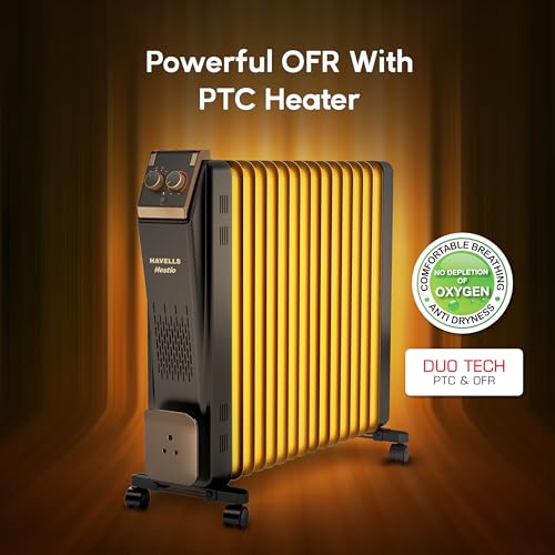 Image of Havells 15 Fin Oil Filled Room Heater (OFR) | Advanced New U-Tech Fast Heating Fins with 10-Year Warranty | 2900W | ISI Approved | PTC Fan Heater | Inclined Control Panel | Black