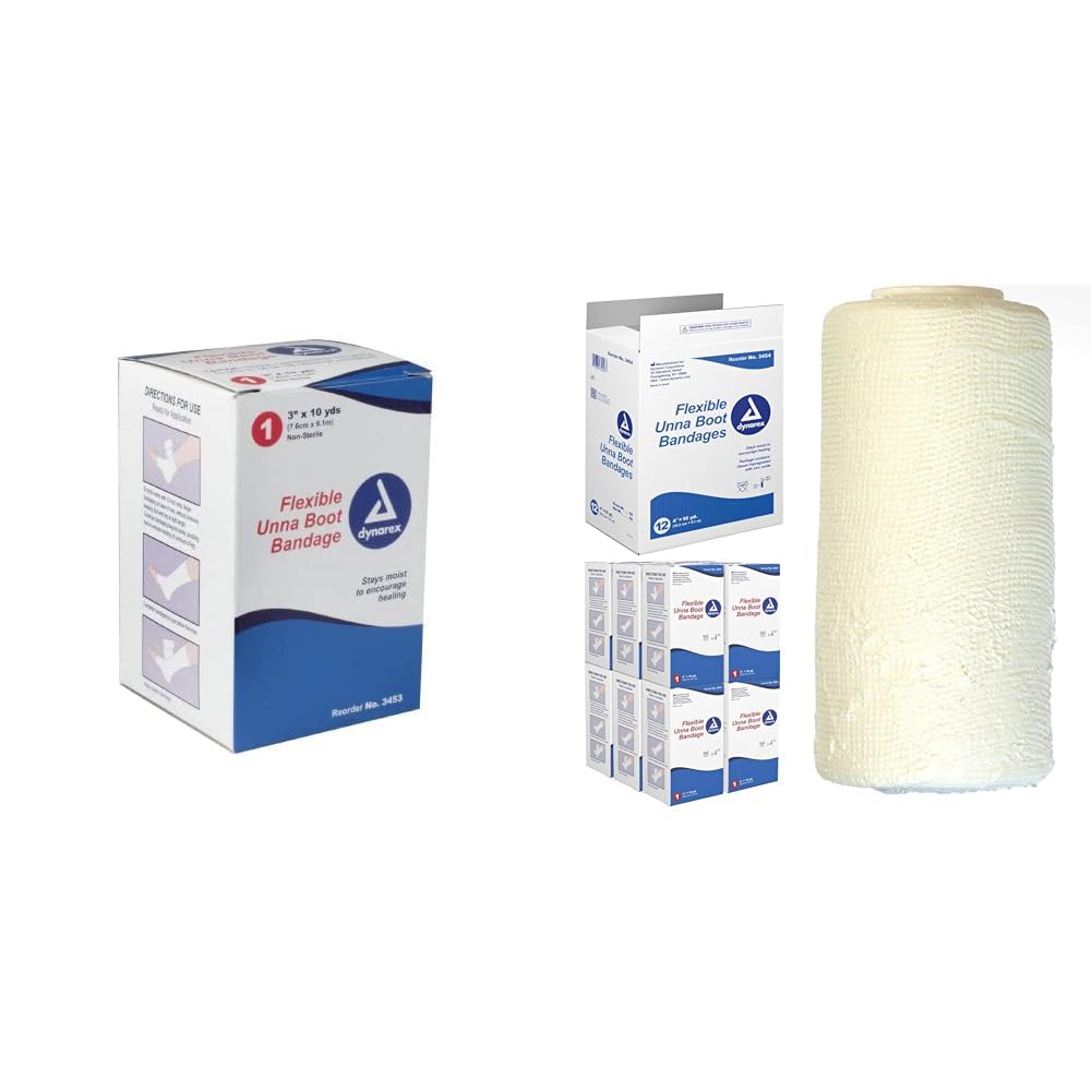 Dynarex Unna Boot Bandages, Pack of 12, 3" x 10 Yard and 4" x 10 Yard, with Zinc Oxide, Provides Customized Compression
