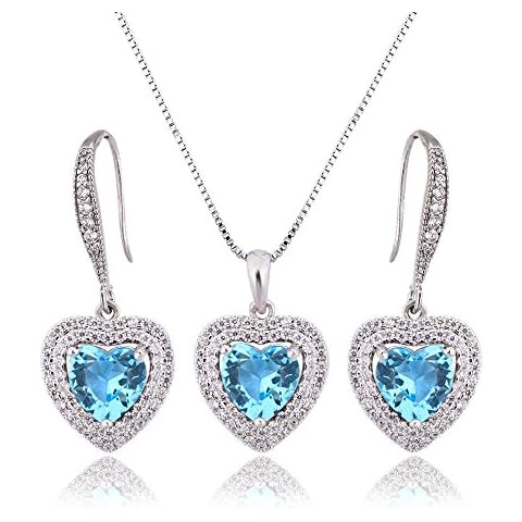 AMYJANE Crystal Jewelry Set Bride Bridesmaid- Sterling Silver Heart Shape Cubic Zirconia Crystal Bridal Pendant Necklace Earrings Set for Women (Light Blue) Cover