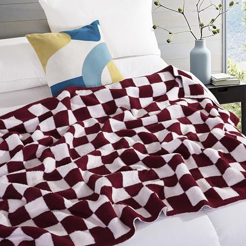 Image of Elegant Comfort Checkered Throw Blanket, Burgundy Super Soft Cozy Fluffy Warm Throw Blankets for Couch, Sofa, Chair, Bed, Camping, Picnic, Travel Lightweight Bed Blanket (50 inch x 70 inch)