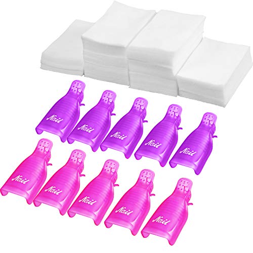 Nail Cap Clips UV Gel Polish Remover Wrap 10 Pack with 420 Pack Nail Wipe Cotton Pads (Purple, Rose Red)