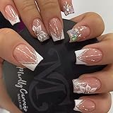 Mkwntg 24Pcs Flower Press on Nails Short Square Fake Nails White French Tip False Nails with Flower Stars Designs Glitter Luxury Full Cover Acrylic Glue on Nails Crafts White Stick on Nails for Women