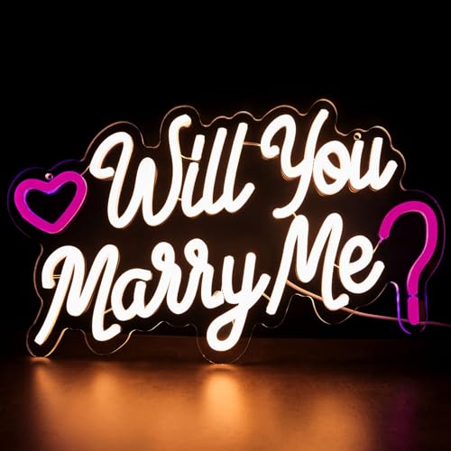Image of Will You Marry Me Sign,USB Powered Marry Me Light Up Letters with Dimmer and Sticky Hook, Wall Decor Neon LED Signs for Marriage Proposal Valentine's Day Decorations15.75 x 9.45 inch
