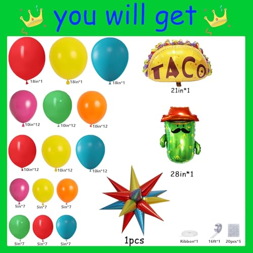 Image of Cinco de Mayo Fiesta Balloons Arch Kit, Rainbow Colors Balloon Garland for Mexican Party Decorations Birthday Taco Twosday Carnival Backdrop with Cactus Llama Sombrero Taco Foil Balloons
