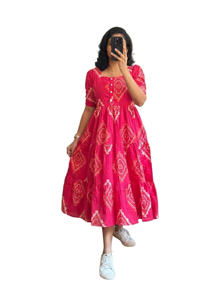 Women Pink Midi Calf Length Fit and Flare Dresses for Women Western|| Women Half Sleeves Printed Gown|| Frock for Girls || Maxi Dress for Women Stylish||Western Dress for Women-picture-26