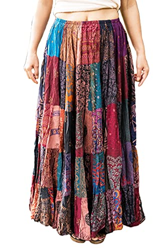 Long Patchwork Skirt Romani Boho Multi Colored Unique Tiered 100% Silky Rayon