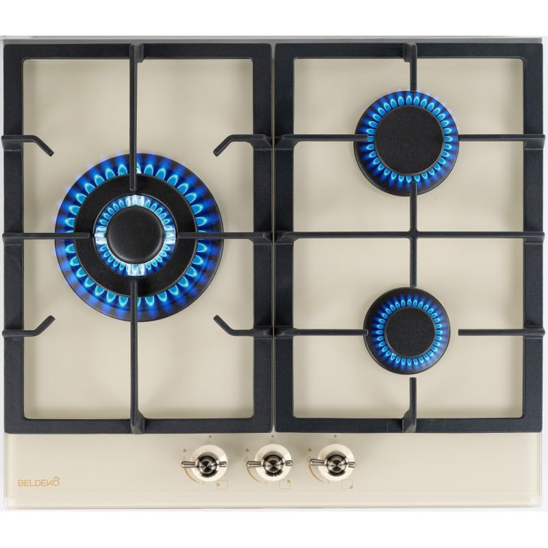 PLAQUE DE CUISSON GAZ 3 FOYERS DOUBLE COURONNE - VERRE BEIGE ET FONTE - 6200 WATTS - BELDEKO