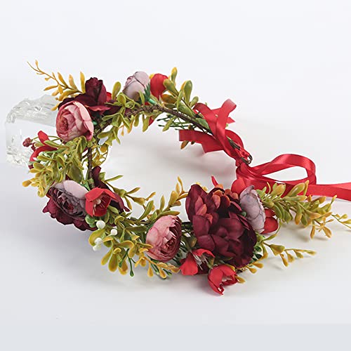 Flower Crown Flower Crowns For Women Boho Flower Headband Adjustable Floral Headpiece Hair Wreath Wedding Festival Party Floral Crown.(Purple Red Peony) #TOP2