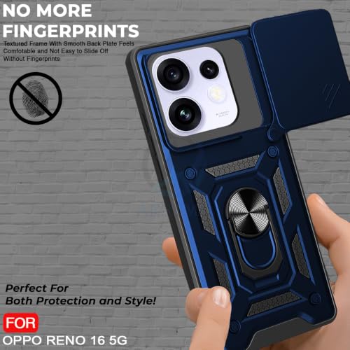 Image of AESTMO Tough Armor Oppo Reno 16 5G Bumper Back Case Cover | Ring Holder & Sliding Camera Shield Cover | 360 Degree Protection Back Case Cover for Oppo Reno 16 5G (Blue)