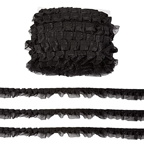 OLYCRAFT 32.8 Yards Double Ruffle Lace Trim 1.6 Inch Black Organza Trim Ruffled Pleated Lace Fabric Ribbon Pleated Edging Trimmings Fabric for Headband Clothes Sewing Embellishment
