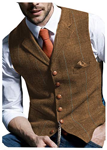 JinXuanYa Gilet Costume Tweed À Carreaux Retro Hommes Laine sans Manches Col Cranté Formel Marron M élégant Désinvolte Garçons d'honneur de Mariage de Bal Cover