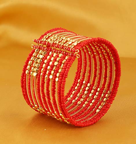 Image of Touchstone Indian Colorful Bead Bracelet Bollywood Beaten Metal Beads Openable Broad Cuff Bracelet in Gold or White Tone for Women.