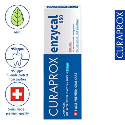 Curaprox Enzycal 950 Zahnpasta - Milde Fluoridzahnpasta mit Enzymen für die sanfte tägliche Mundpflege/Wenig abrasiv, frischer Geschmack, SLS-frei, 75ml / Hergestellt in der Schweiz