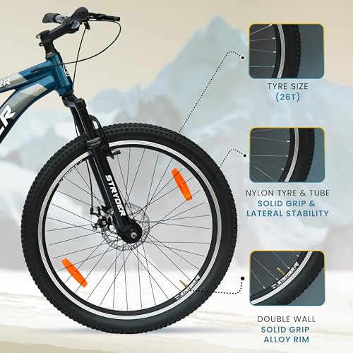 Image of Stryder 26T Krueger Mountain Cycle for Adults | Front Suspension | Dual Disc Brakes | Welded Steel Frame | Double Wall Alloy Rims | Unisex Bicycle | 90% Assembled | Blue and Yellow