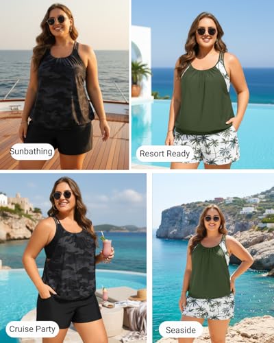 Image of Womens Plus Size Tankini Swimsuit Two Piece Tummy Control Bathing Suit | Blouson Racerback Tankini Top with Shorts, Double Up Design, Removable Pad