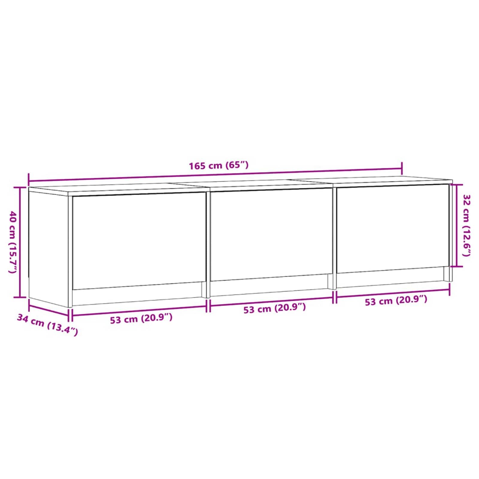 Mueble de TV de madera de roble ahumado con 3 cajones, estantes y compartimentos, montaje en pared, mueble bajo con gestión de cables para sala de estar, juegos