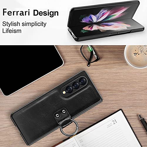 Funda de cuero Galaxy Z Fold 3 con cristal templado y soporte de anillo café 3