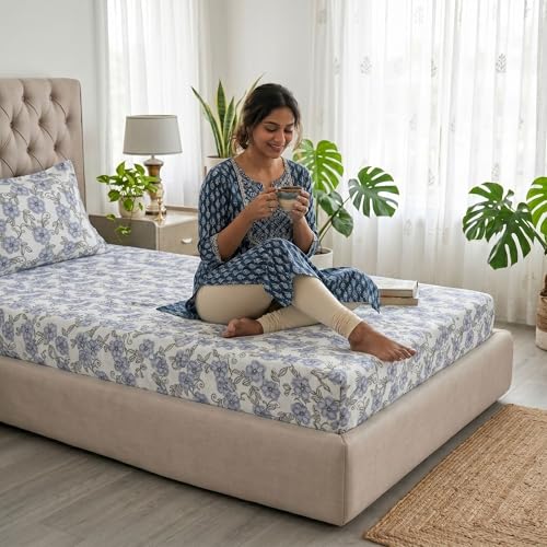 Image of Mafatlal 186 TC Grace Cotton Bedsheet for Single Bed | 154 x 228 cm | Soft, Durable & Breathable Fabric | Includes Pillow Cover