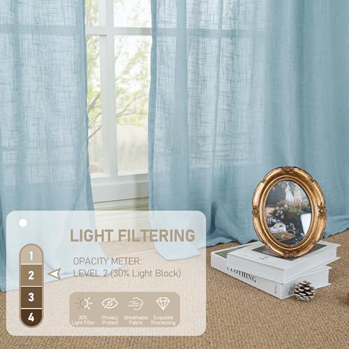 LAMIT Stone Blue Linen Curtains 54 Inch Length 2 Panels, Light Filtering Panels Back Tab and Rod Pocket Country Decor Drapes for Bathroom/Window/Bedroom, 52 x 54 Inch