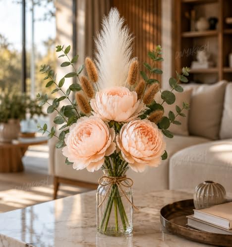 Image of Divyakosh Artificial Flowers for Vase (Vase Not Included) Light Peach Peony Bouquet with Eucalyptus, Bunny Tails & Pampas Grass for Living Room, Table Centerpiece, Home Decor