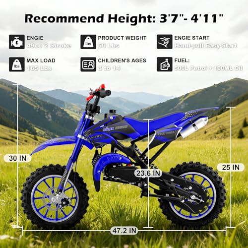 Image of 50cc Dirt Bike, 2 Stroke Gas Mini Bike for Kids 8-14 with Front Rear Disc Brakes, 10 Inch Off-Road Tires, Shock Absorption, Seat Height 23.6in, Max Speed 40mph, 2026 Upgraded (Blue)