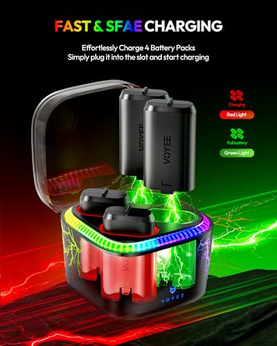 Image of VOYEE Xbox Controller Battery Pack with 7-Color LED Lights, 4x4070mWh Rechargeable Battery, 4-Slot Fast Charger for Xbox One /S /X /Elite /Series X|S, Over Current /Voltage /Short Circut-Lightning-Black