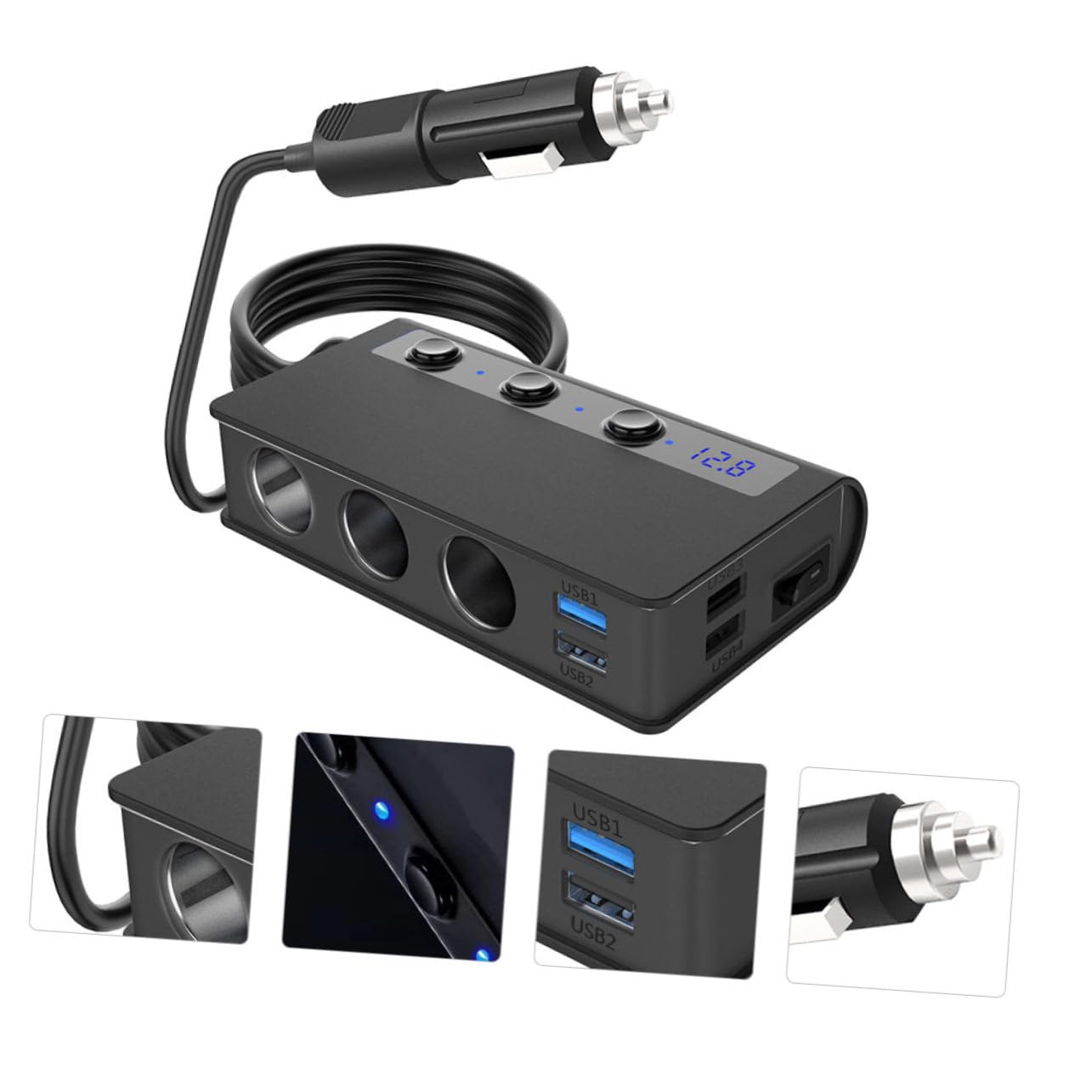 Adattatore Caricatore Auto Presa Accendisigari 1 a 3, 4 Porte Usb, 180w Max, Luce Led, per Telefoni e Ventilatori USB