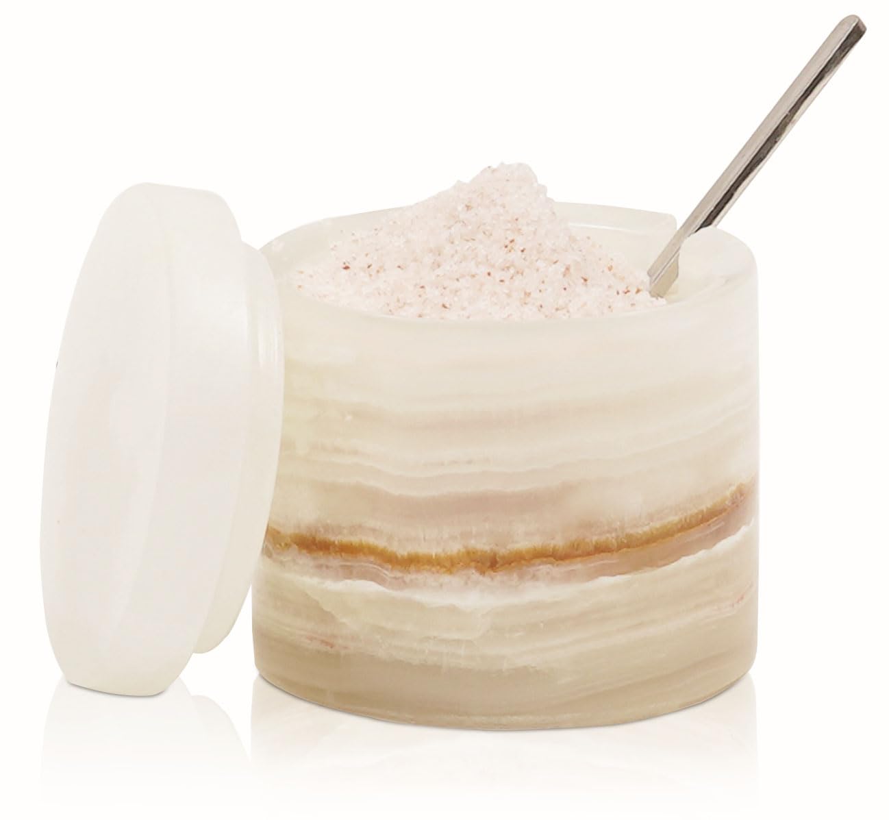 SPESHSTONES Marble Salt Cellar with Lid and Spoon, Cream Onyx Container 5oz