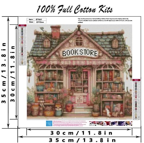 Image of MYBISYMQQ Book Store Cross Stitch Kits for Adults,11CT Stamped Cross Stitch Kits for Beginner,DIY Needlepoint Embroidery Patterns Kits Embroidery Patterns for Home Wall Decor 13.7x13.7 inches