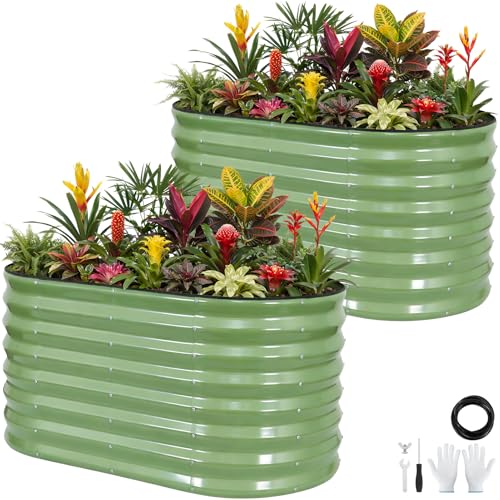 VIREO GARDEN Galvanized Raised Garden Bed Outdoor 24 Deep | Oval Metal Garden Beds with Easy Assembly & Planter Box for Planting Deep Root Vegetables Fruits Flowers 4x2x2ft OliveGreen 2Pcs