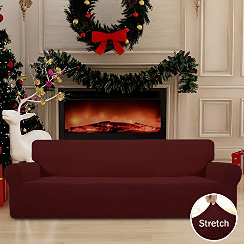 Image of Easy-Going Stretch 4 Seater Sofa Slipcover 1-Piece Sofa Cover Furniture Protector Couch Soft with Elastic Bottom for Kids, Polyester Spandex Jacquard Fabric Small Checks Wine