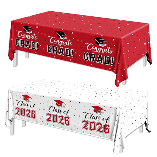 Image of 2026 Graduation Decorations,Congrats Grad Tablecloth 2pcs White Red Class of 2026 Table Covers Rectangle for Graduation Party Supplies,108x54inch(Red)
