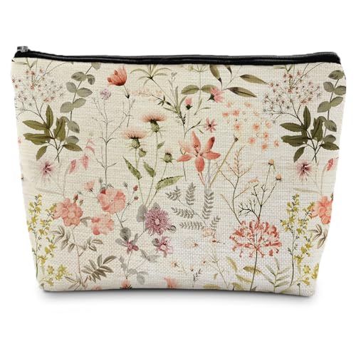 Floral Flower Makeup Bag, Cosmetic Bag for Women, Small Makeup Bag for Purse, White