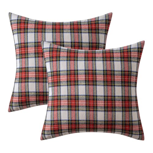 Image of MIULEE Christmas Plaid Pillow Covers Scottish Tartan 22x22 Red and White | Set of 2 Christmas Decorations Euro Cushion Covers, Farmhouse Winter Home Decor, for Thanksgiving Sofa Couch Bed Living Room