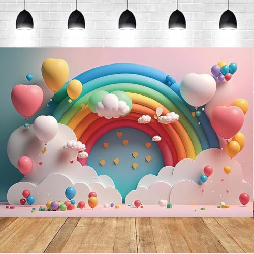 Fondo para fotografía Arcoiris con globos 7x5 pies miniatura 3