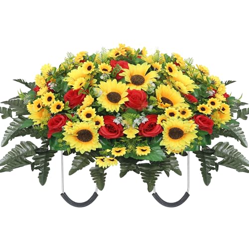 Lodou Artificial Cemetery Flowers for Grave Headstone Flower Saddle Silk Sunflowers Grave Flowers for Cemetery Memorial for Outdoor Gravesite Decoration (Red)