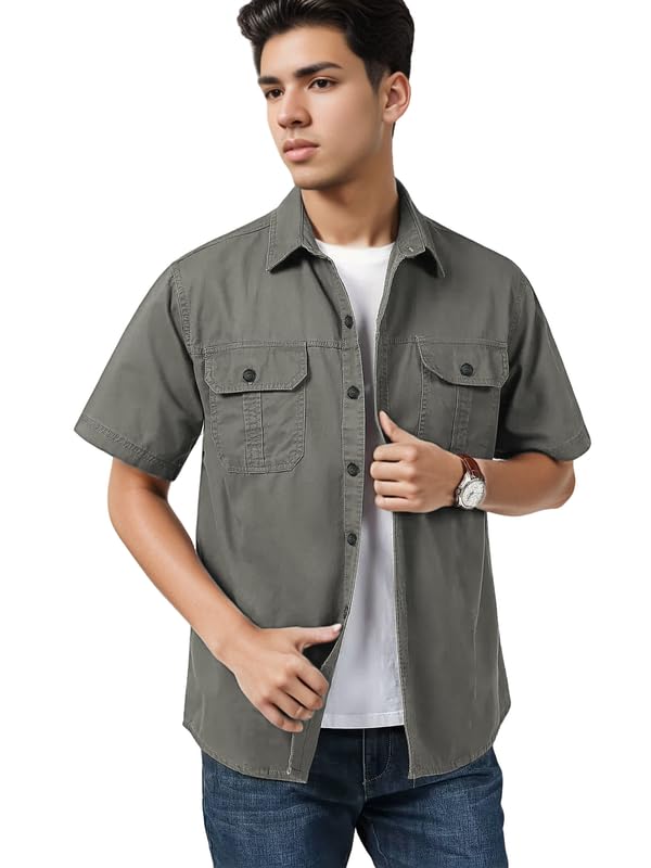 SHIENZY Men's Regular Fit Solid Printed Cotton Casual Shirt || Half Sleeve, Double Pocket || Denim Jacket Style Fashionable Western Outfit (1652_SHZ_Gry_S) 4