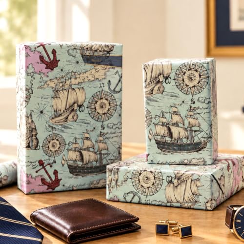 Image of Burymento Vintage Nautical Map Wrapping Paper Roll, Antique Map Gift Wrap