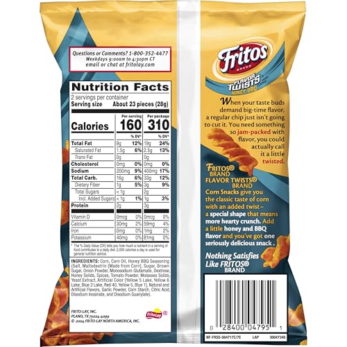 Fritos Corn Chips, Flavor Twists Honey Barbeque, 2-Ounce Large Single Serve Bags (Pack of 64)