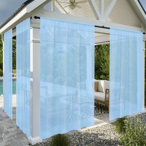 SK Studio Outdoor Sheer Curtains for Patio Waterproof, 2 Panels Linen Look Rod Pocket Light Filtering Indoor Voile Curtain for Living Room, Front Porch, Gazebo Blue, 100 x120 inch