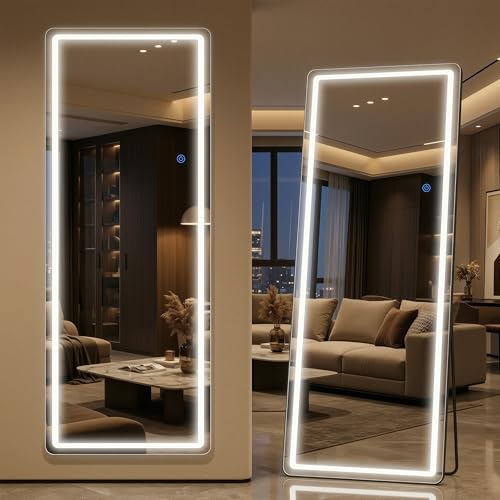 Antok LED Full Length Mirror with Light 58x18 Lighted Full Body Mirror with Stand Dimmable & 3 Color Lighting Standing/Leaning/Wall Mounted Vanity Mirror for Bedroom Cloakroom Livingroom(Rect)