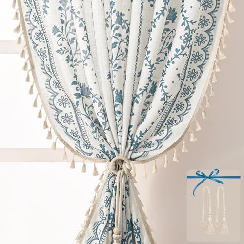 Image of Yinhua Boho Curtains for Living Room 63 Inch Length Vintage Linen Curtains for Bedroom Light Filtering Floral Window Curtain Rod Pocket & Back Tabs Rustic Tassel Drapes with Tiebacks, White Blue