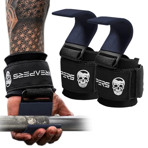 Gymreapers Weight Lifting Hooks (Pair), Heavy Duty Power Wrist Straps Hand Grip Support For Deadlifts, Pull Ups, Shrugs - Gym Gloves For Men and Women (Navy)
