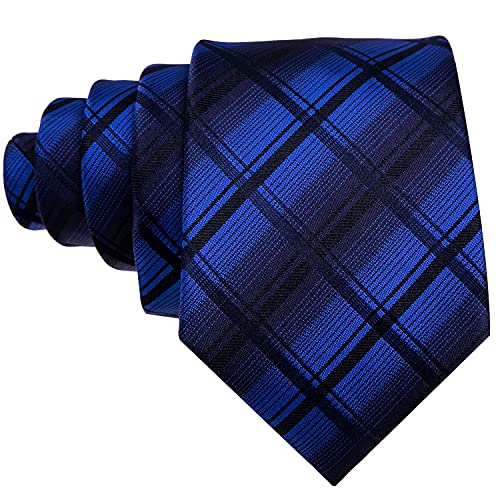 Image of Barry.Wang Plaid Ties for Men Silk Necktie Handkerchief Cuff Links Set